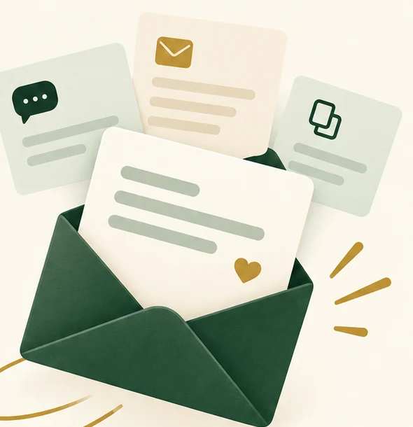 A green envelope holding a message card, with text, email and copy cards behind it