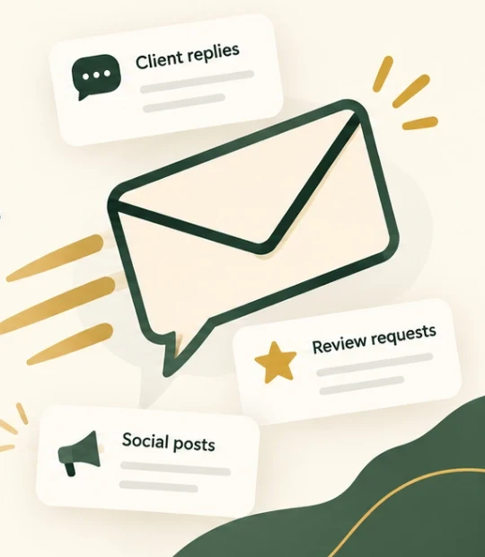 A green envelope shaped like a speech bubble flying past cards for client replies, review requests and social posts