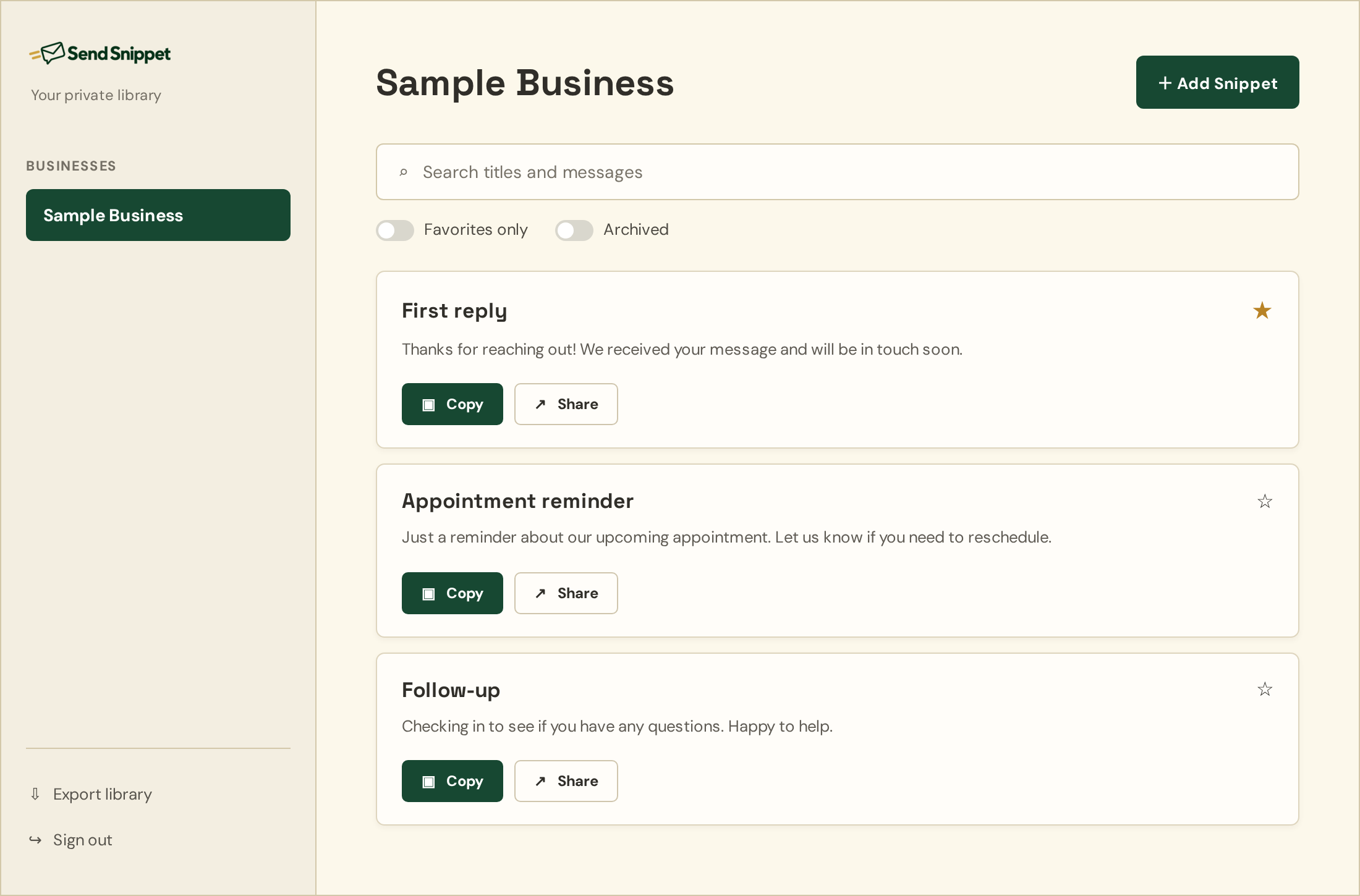 Example Send Openly library for Sample Business, showing three sample messages with Copy and Share controls